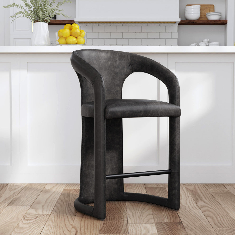 Kosas Home Archie 26" Distressed Leather Counter Stool, Charcoal