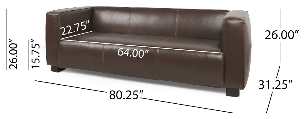 Minkler Contemporary Faux Leather 3 Seater Sofa, Dark Brown/Dark Walnut