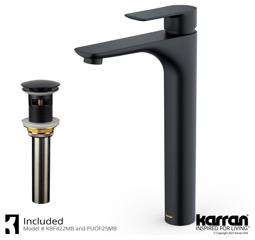 Karran KBF422 1-Hole 1-Handle Vessel Faucet With Pop-up Drain, Matte Black