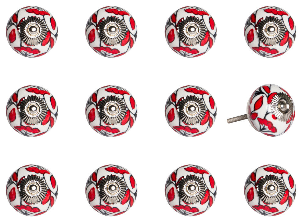 Knob-It Vintage Handpainted Ceramic Knobs, Set of 12, White/Red/Black