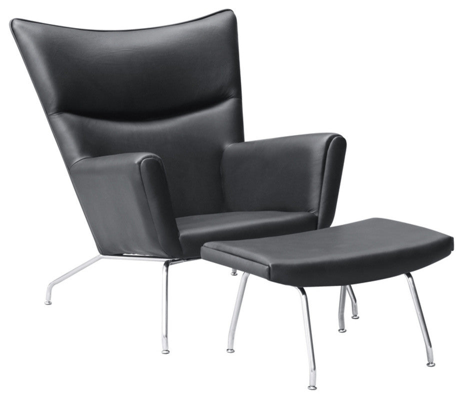 Modern Classics Wing Chair and Ottoman in Leather, Black