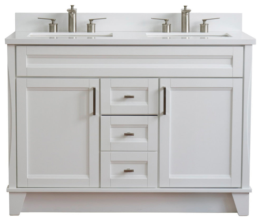 48" Double Sink Vanity, White Finish With Engineered Stone Top, Rectangle Sink