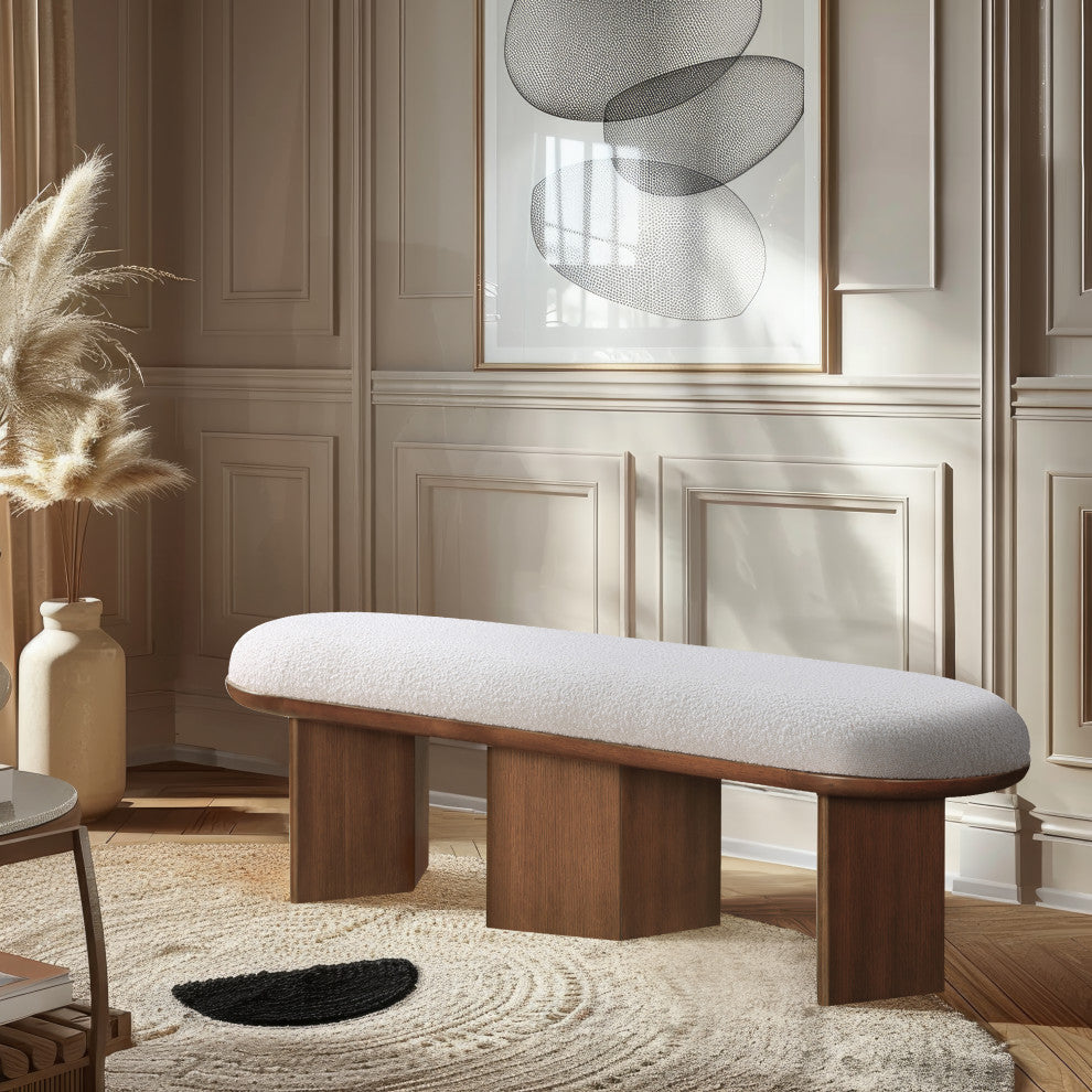 Wilshire Boucle Fabric Upholstered Bench, Cream, Walnut Finish