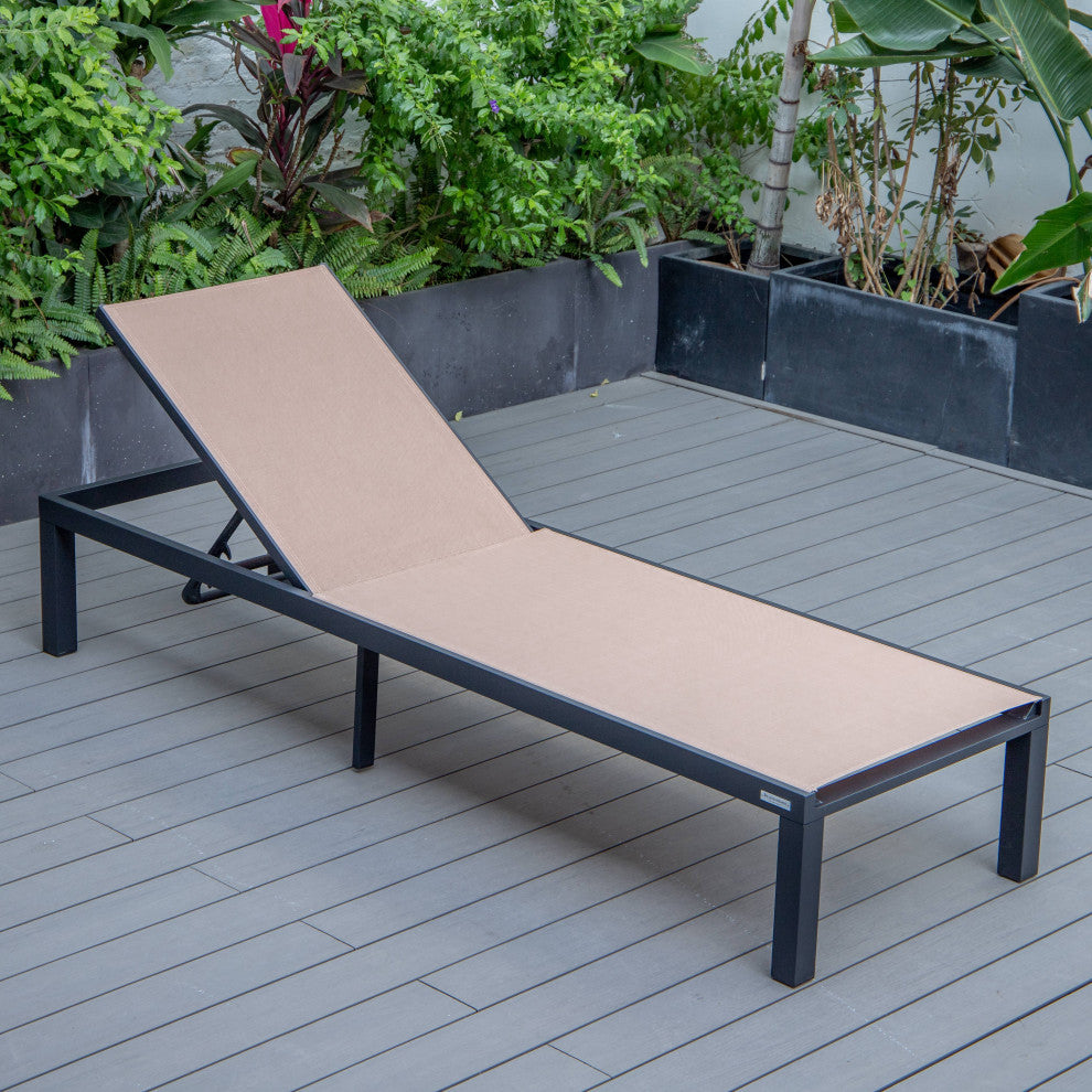 LeisureMod Marlin Patio Chaise Lounge Chair With Black Frame, Light Brown