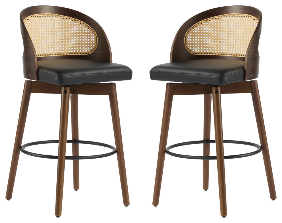 Crystal Rattan Backrest Cushioned Barstools, Set of 2, Dark Walnut/Black