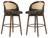 Crystal Rattan Backrest Cushioned Barstools, Set of 2, Dark Walnut/Black