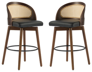 Crystal Rattan Backrest Cushioned Barstools, Set of 2, Dark Walnut/Black