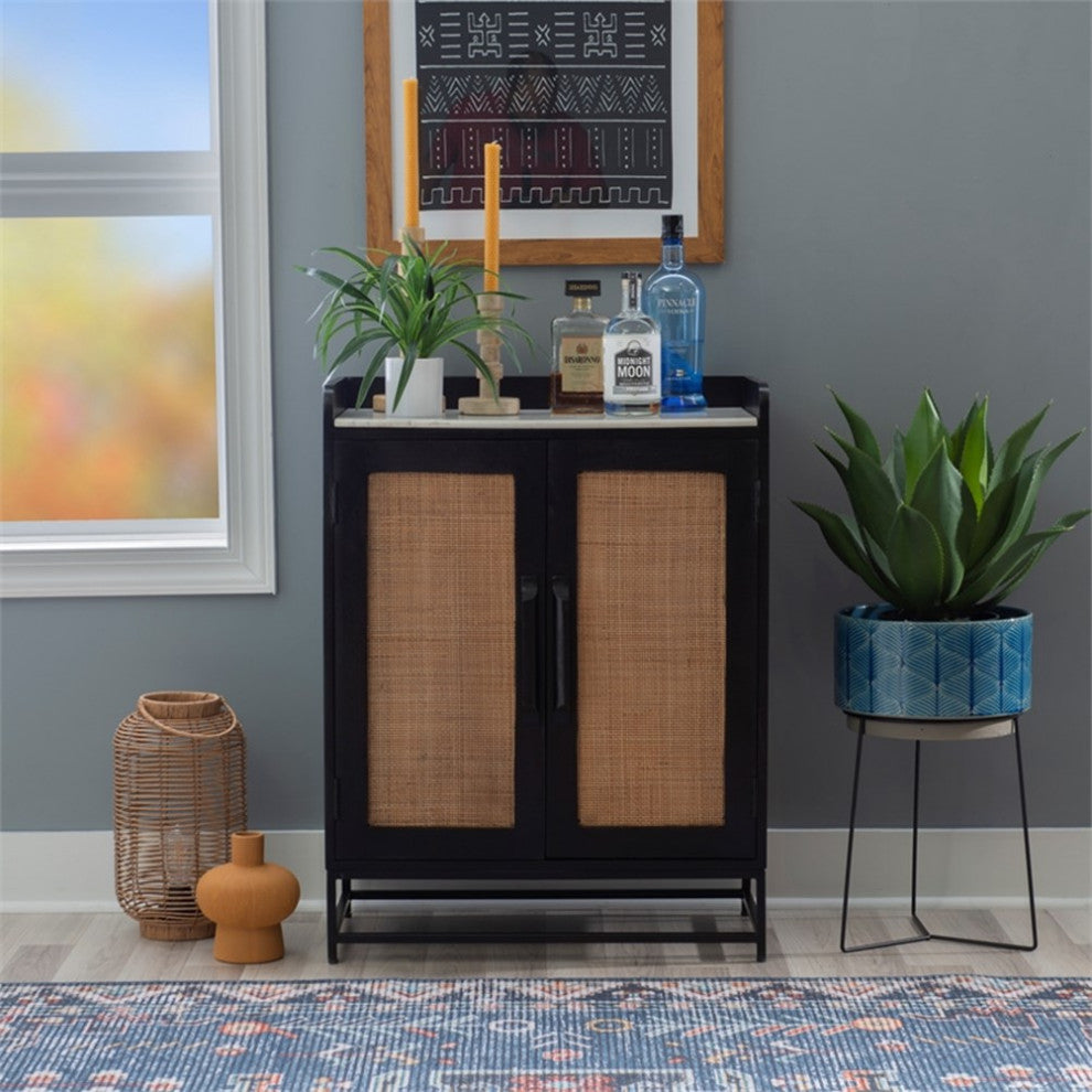 Linon Josie Bar Cabinet White Marble Top Cane Panel Doors in Black Wood