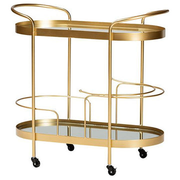 Glam Brushed Gold Finished Metal and Mirrored Glass 2-Tier Mobile Wine Bar Cart