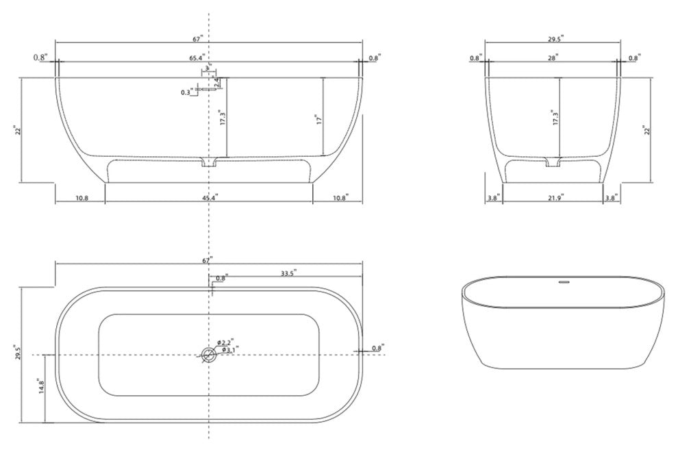 67" Solid Surface Freestanding Flatbottom Non-Whirlpool Bathtub, White