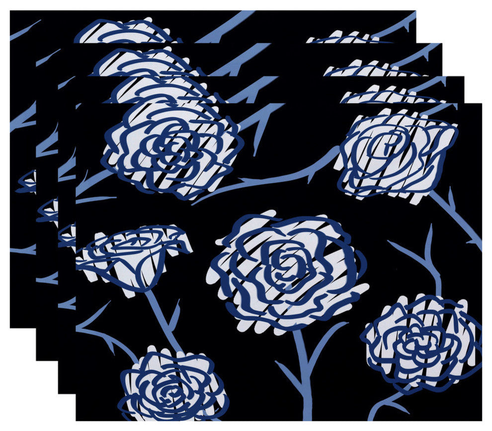 18"x14" Spring Floral 2, Floral Print Placemat, Navy Blue, Set of 4