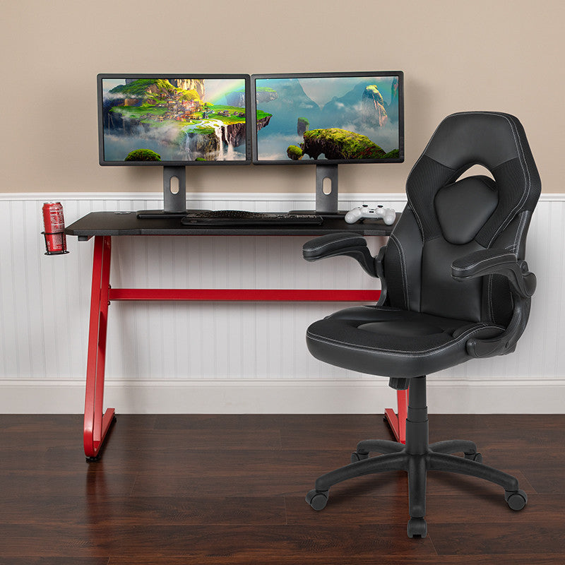 Red Gaming Desk and Black Racing Chair Set with Cup Holder and Headphone Hook