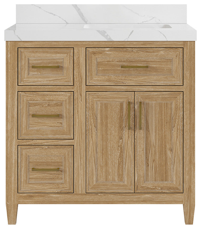 Santa Monica 36 Right Offset  Bath Vanity in Whitewashed Teak 2" Calacatta Laza