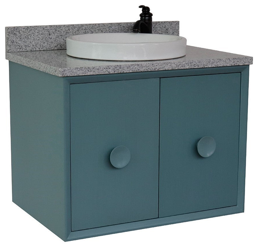 31" Single Wall Mount Vanity, Aqua Blue Finish With Gray Granite Top