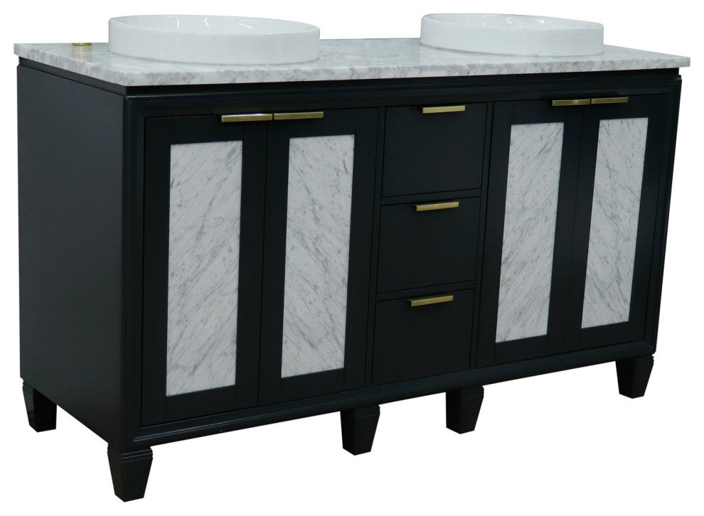 61" Double Sink Vanity, Dark Gray Finish With White Carrara Marble