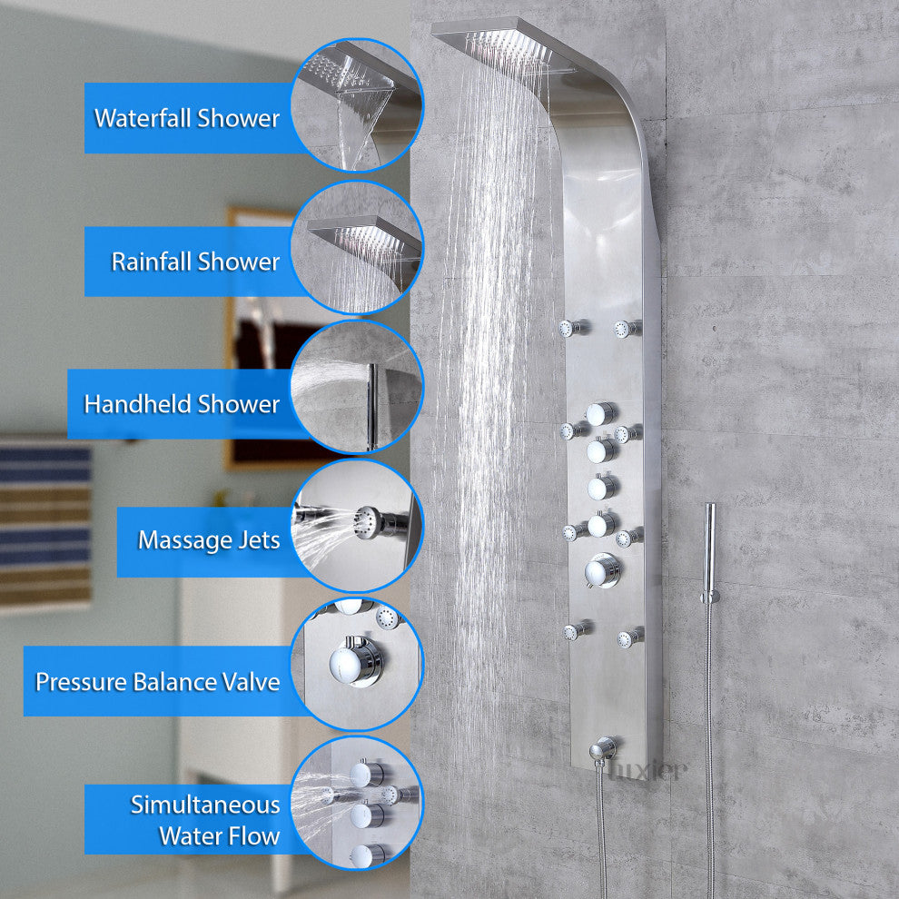 Luxier 61" Shower Panel System With Rainfall Waterfall Shower Head Hand Shower