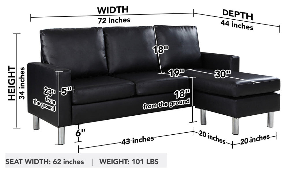Modern Faux Leather Sectional Sofa, Small Space Configurable Couch, Black