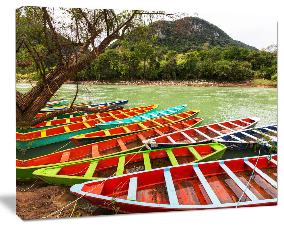 Colorful Boats in Mexico, Landscape Canvas Art Print, 60"x28"