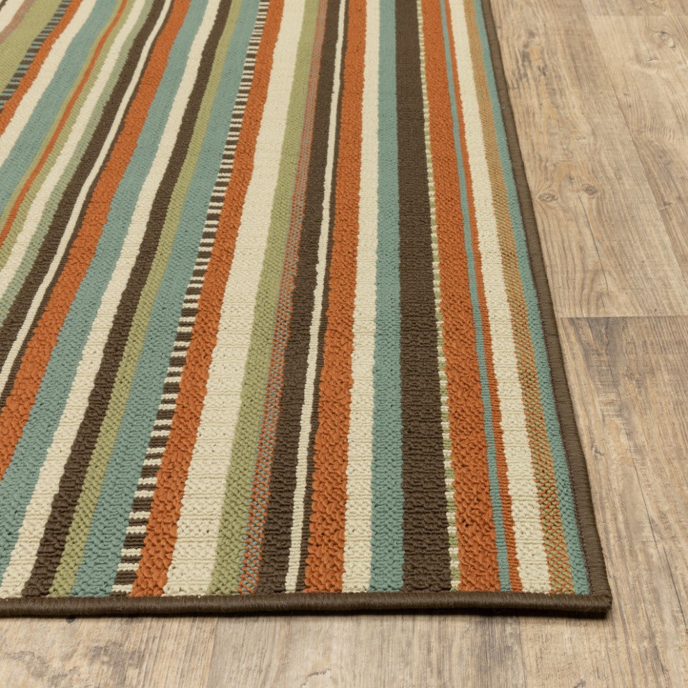 7??10??Green And Brown Striped Indoor Outdoor Area Rug