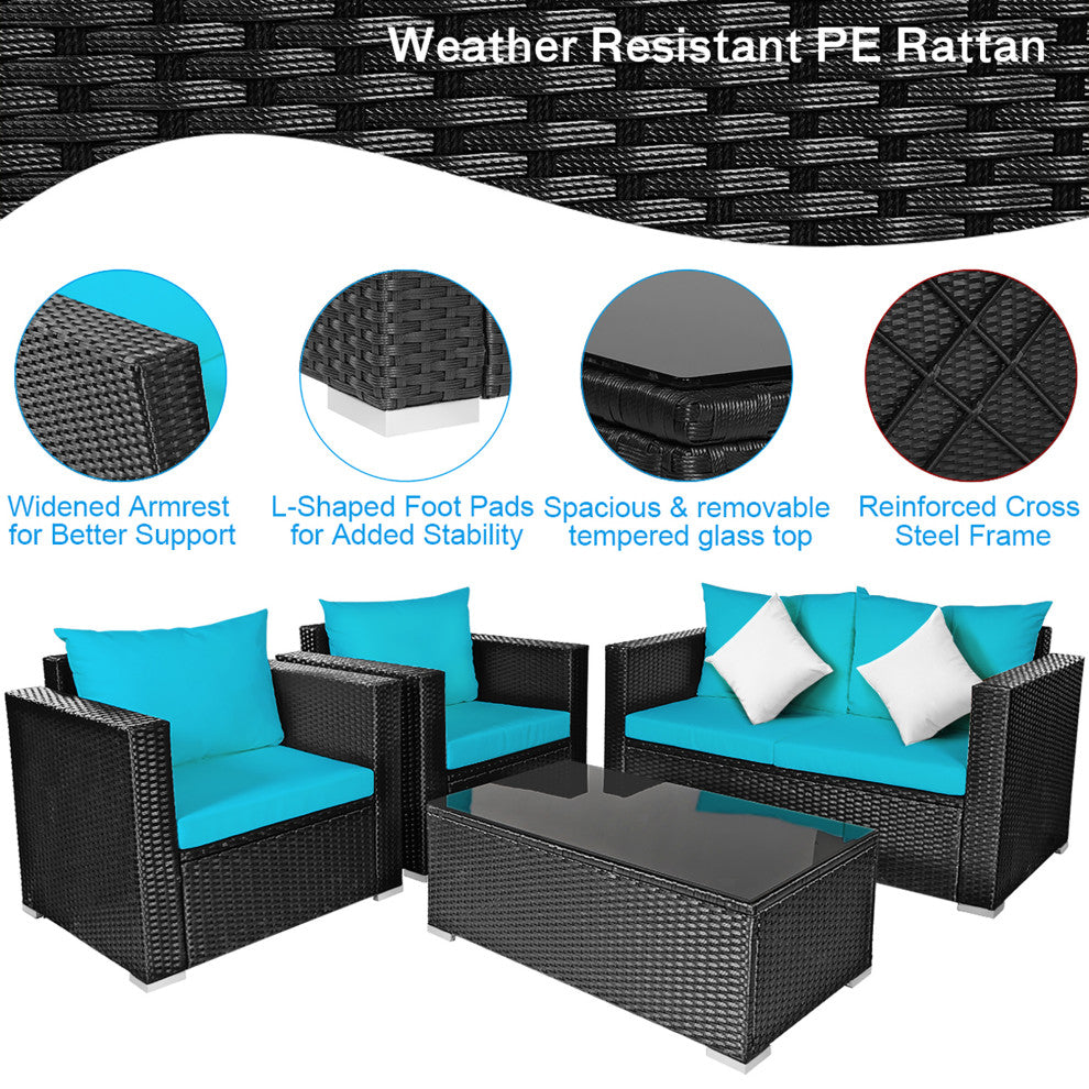 Costway 4PCS Patio Rattan Cushioned Sofa Chair Coffee Table Turquoise