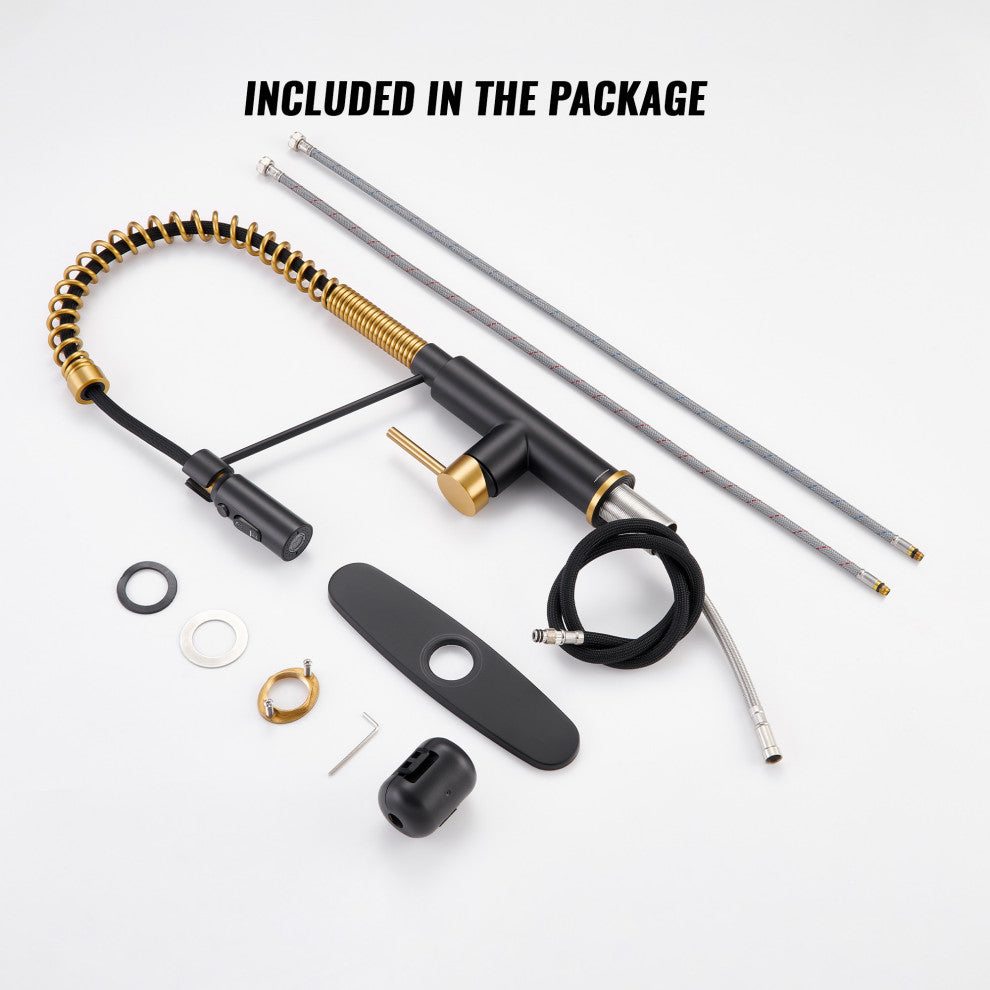 Kitchen Sink Faucet 1.8 GPM with Pull Down and 3 Models Sprayer Single Handle, Matte Black+brushed Gold