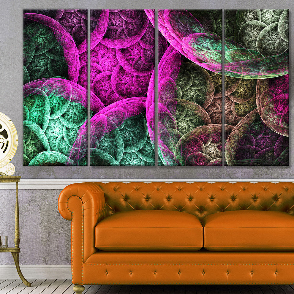 Pink Green Dramatic Clouds, Abstract Canvas Wall Art, 48"x28", 4 Panels