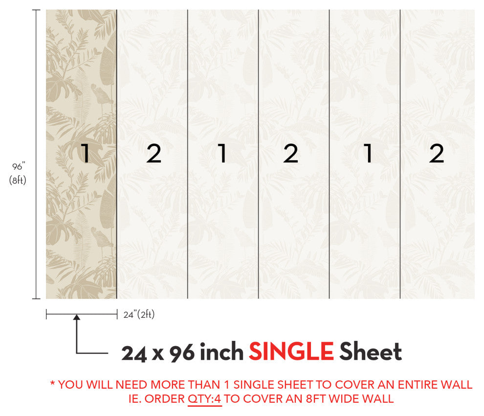 Hand Drawn Jungle Leaves Vinyl Peel and Stick Mural, Beige, 24"x96", Single