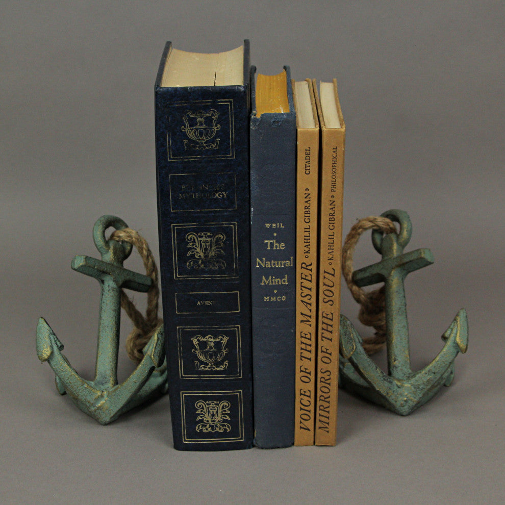 Set of 2 Verdigris Cast Iron Ship Anchor Bookends Nautical Home Decor Sculpture