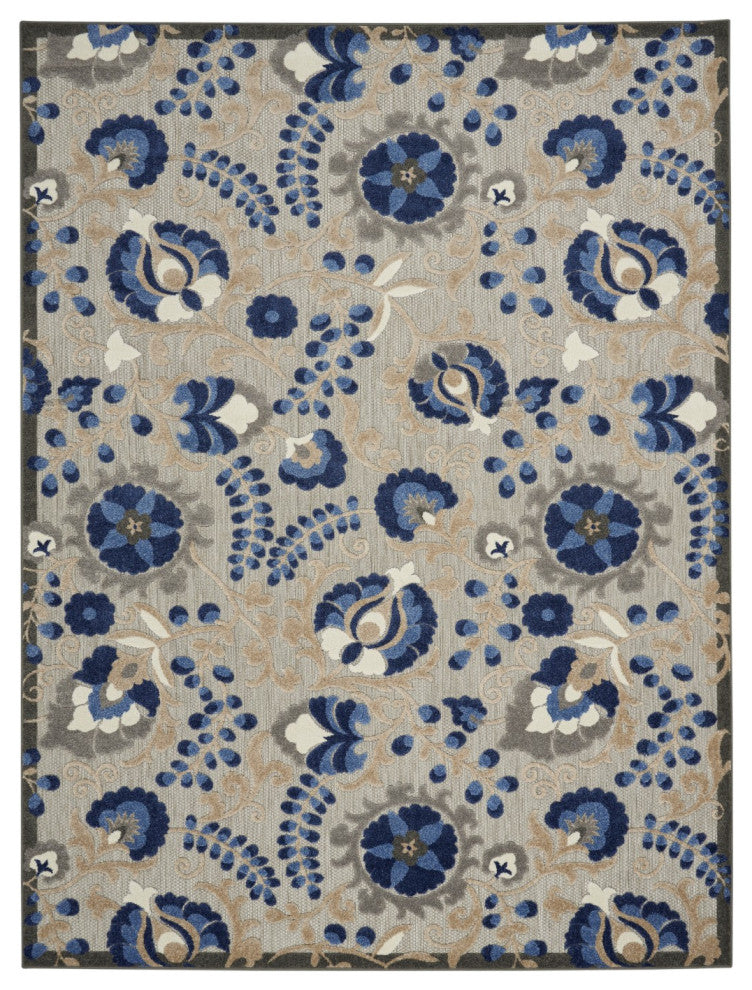 8' X 11' Blue And Gray Floral Indoor Outdoor Area Rug