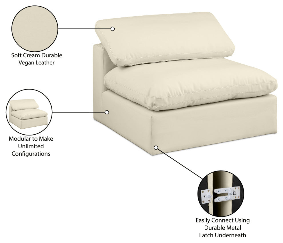 Comfy Beige Linen Textured Fabric Modular Chair, Cream, Vegan Leather, Armless Chair