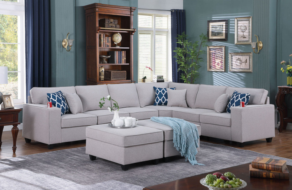Cooper Light Gray Linen 8Pc Reversible L-Shape Sectional, Ottomans, 89131-5A