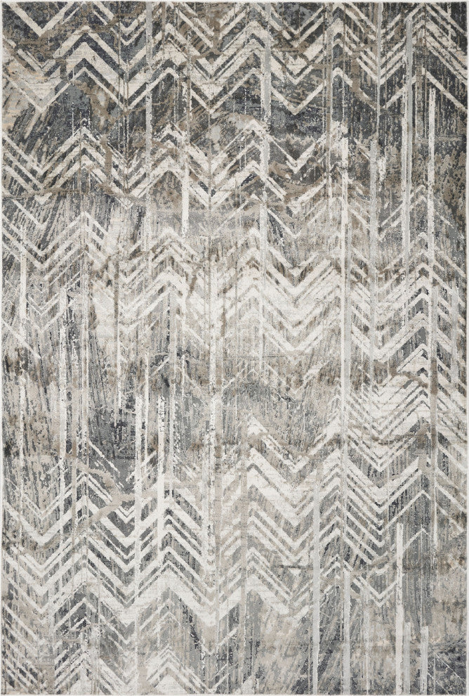 9'X13' Grey Machine Woven Distressed Chevron Indoor Area Rug