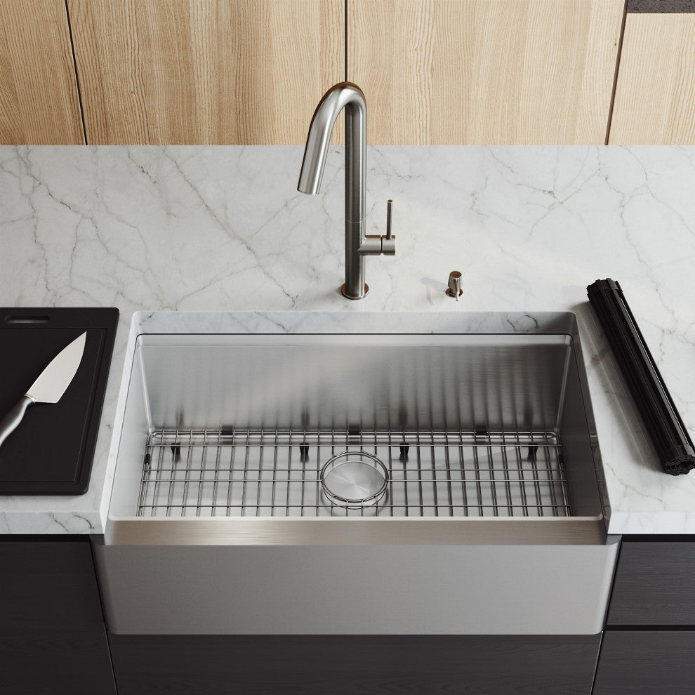 Oxford Single Bowl Flat Apron Farmhouse Kitchen Sink and Accessories, 33" L X 21" W