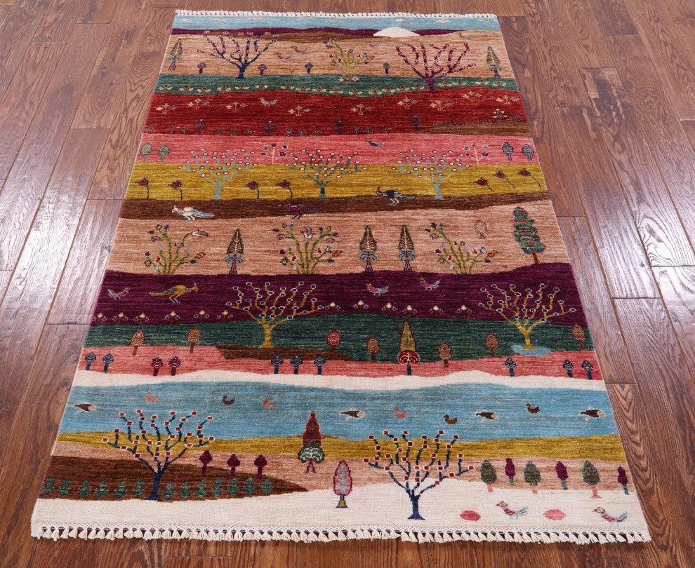 Persian Gabbeh Tribal Hand Knotted Rug 4' 0" X 6' 2" Q9575