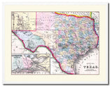Texas Vintage Old Map Print On Canvas With Picture Frame 28" X 37"