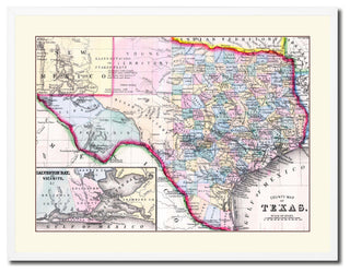 Texas Vintage Old Map Print On Canvas With Picture Frame 28" X 37"