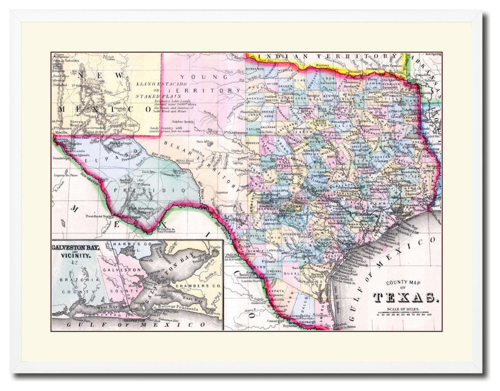 Texas Vintage Old Map Print On Canvas With Picture Frame 28" X 37"