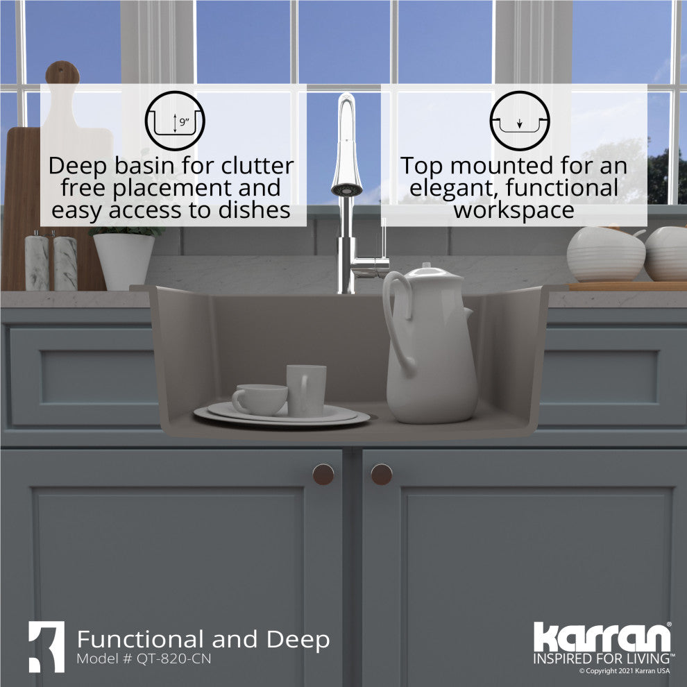 Karran QT-820 Top Mount 25" Single Bowl Quartz Kitchen Sink, Concrete