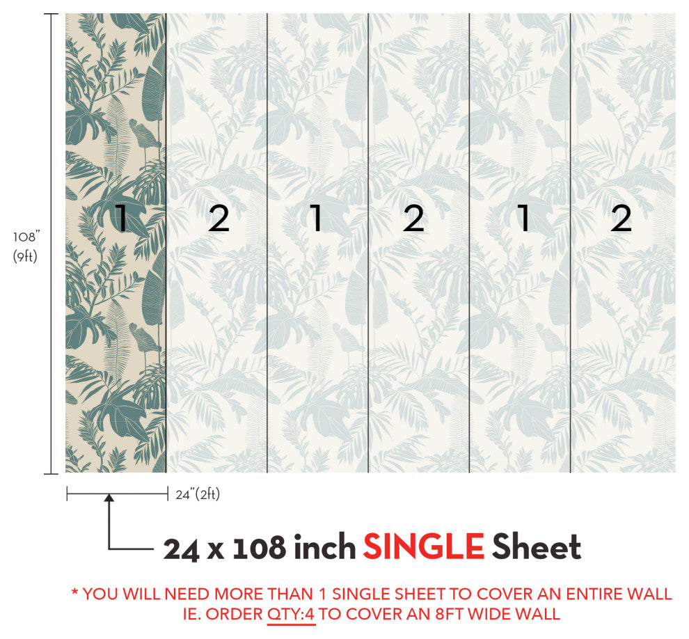 Hand Drawn Jungle Leaves Vinyl Peel and Stick Mural, Green, 24"x108", Single