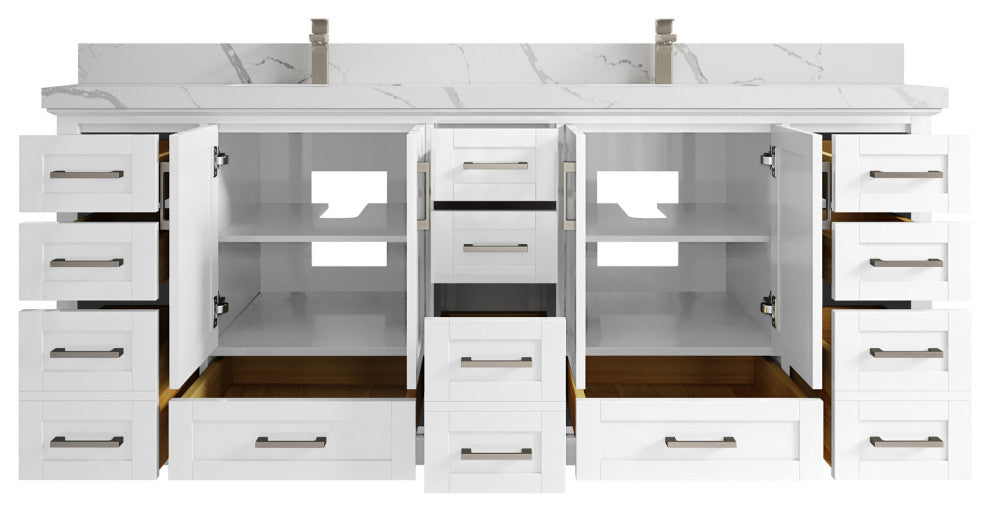 Boston 84 Double Sink Bath Vanity in White 2" Calacatta Laza