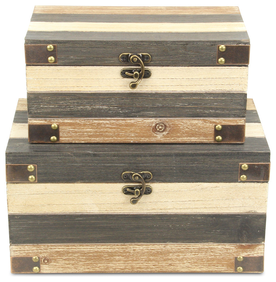 Wood Panel Storage Boxes, Bronze Metal Accents, 2-Piece Set