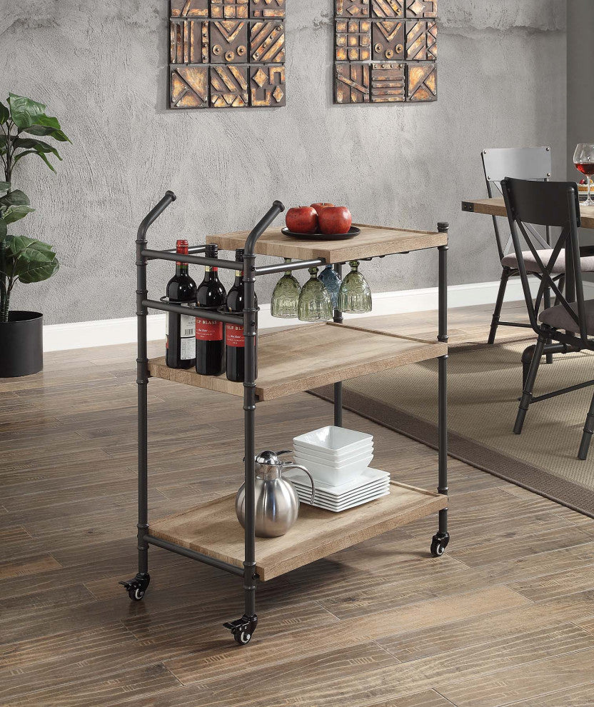 Serving Cart With Wheels, Wine Rack and Glass Holder, Oak and Sandy Black