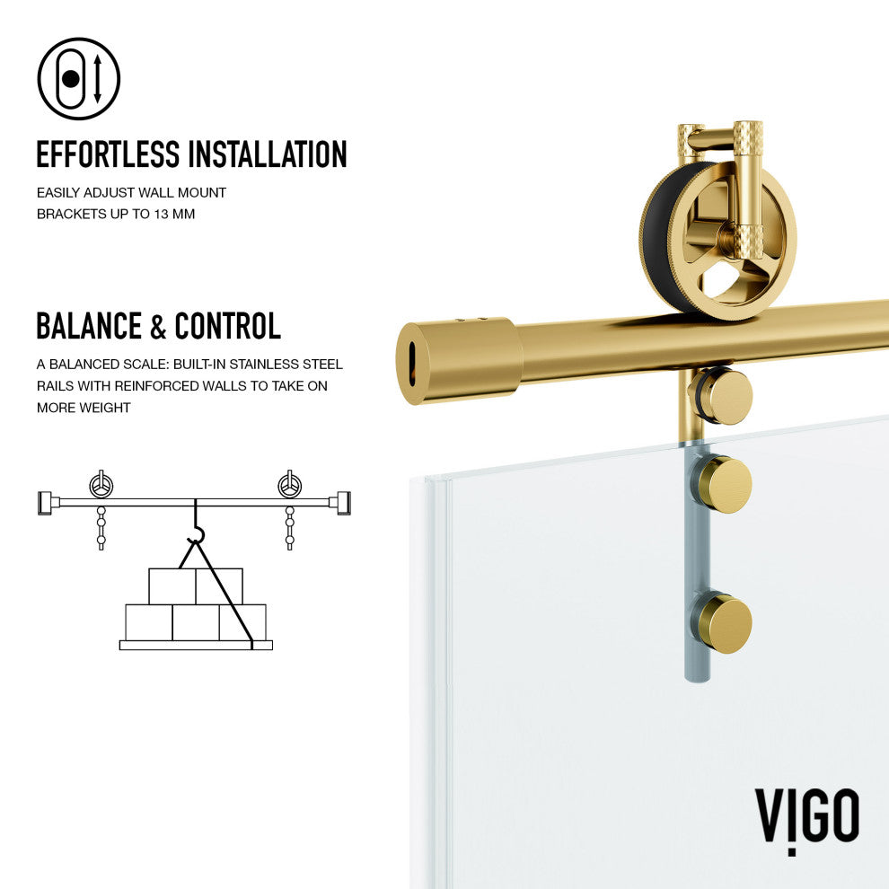 VIGO Hamilton Frameless Sliding, Matte Brushed Gold, Tub Door, 56" to 60" W X 68" H, Clear Glass