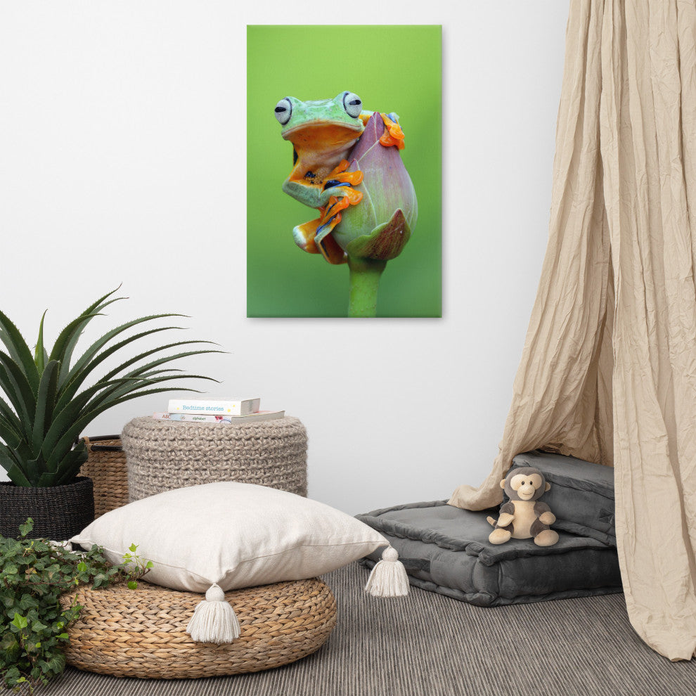 Tiny Green Tree Frog on Lotus Bloom Wildlife Floral Photo Canvas Wall Art Prints, 24" X 36"