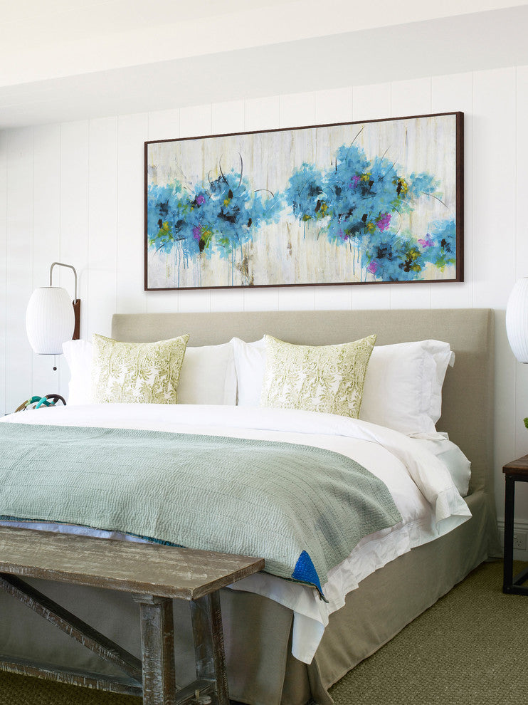"Blue Blooms" Floater Framed Painting Print on Canvas, 24x12