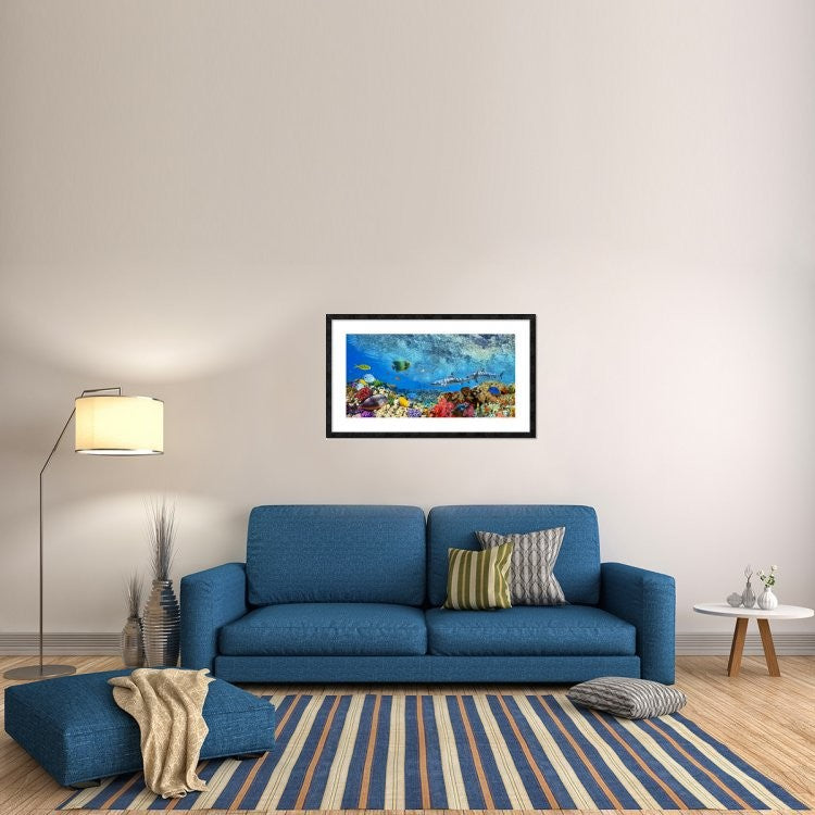"Reef Sharks and fish, Indian Sea" Framed Digital Print by Pangea Images, 44x26"