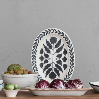 Hand Painted Stoneware Platter with Floral Design, Black and White