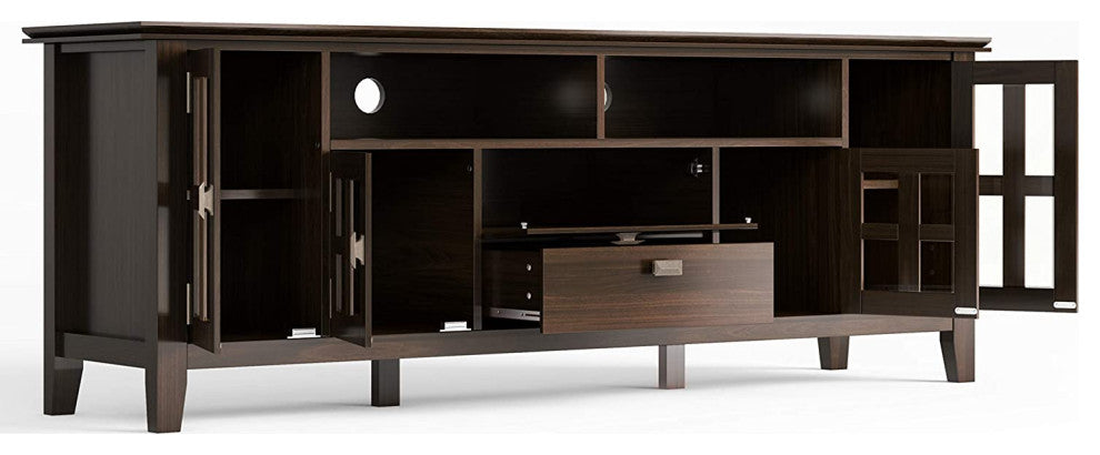 Contemporary TV Stand, Storage Glass Doors and Open Compartments, Tobacco Brown