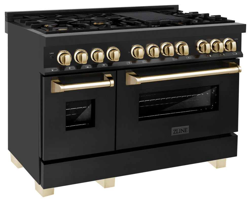 ZLINE 48" Dual Fuel Range, Black Stainless Steel With Gold Accents RABZ-48-G