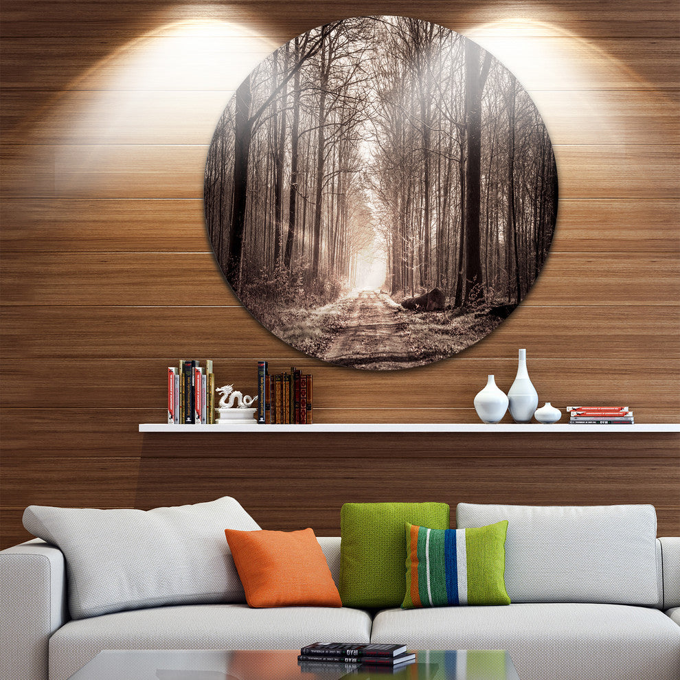 Forest Trail In Sepia, Landscape Photography Disc Metal Artwork, 23"